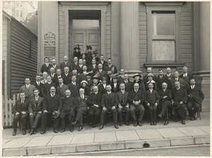 NZEI group outside Masonic Hall, Boulcott Street, Wellington - Photograph taken by Muir and MacKinlay