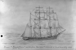 Munro, John Alexander 1872-1947 :Barque "Breadalbane" sailed from Cape Breton Island and arrived in Auckland N.Z. 1858 (250 tons). [Drawn ca 1900]