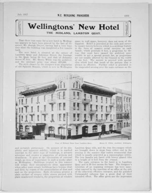 Page 1003 from N Z Building Progress, July 1917, featuring an article and photograph of The Midland Hotel, Lambton Quay, Wellington