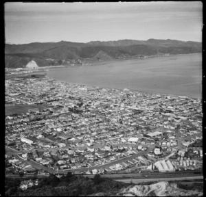 View over the Lower Hutt Valley suburb of Petone to Petone Beach and Wellington Harbour