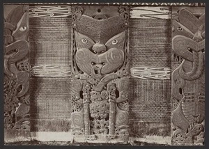 Maori carvings and tukutuku panels at Tamatekapua meeting house in Ohinemutu