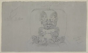 [Angas, George French] 1822-1886 :Carved image of Te Rauparaha fixed in his canoe [1844]