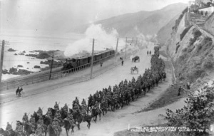 Mounted soldiers of the NZEF, passing along the Hutt Road