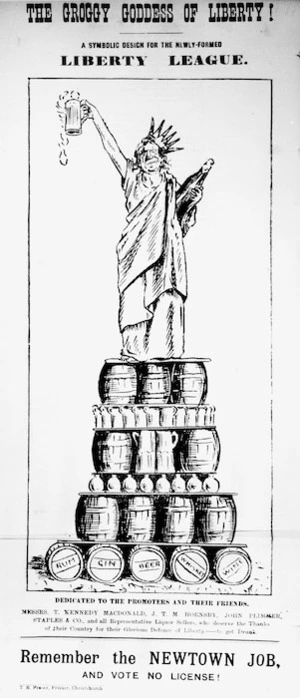 Artist unknown: The Groggy Goddess of Liberty; a symbolic design for the newly-formed Liberty League, dedicated to the promoters and their friends. ... Remember the Newtown job, and vote No License! [1890s?]