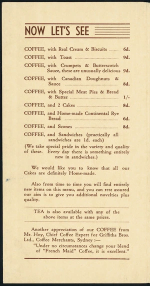 French Maid Coffee House: Now let's see... [Menu. 1941]