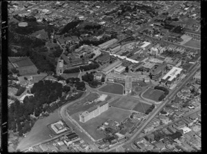 Aerial view of Wellington Public Hospital buildings, Newtown, Wellington