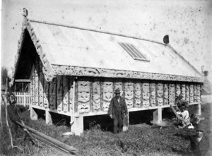 Maori wooden carved storehouse at Maketu Pa, Bay of Plenty
