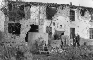 D Company headquarters of the 22nd NZ Battalion in a shelled building on the banks of the Lamone River, Faenza, Italy