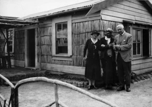 Te Kirihaehae Te Puea Hērangi, and two others, outside a Land Development Scheme house