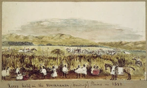 Pearse, John, 1808-1882 :Races held in the Wairarapa "Waidrop" Plains in 1852. Flax (phormium tenax) and 'Towi towi' in front of the natives. Blue line under hills bush.
