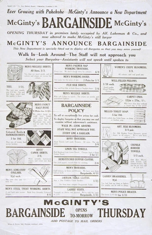 McGinty's : McGinty's announce a new department, McGinty's Bargainside. Opens tomorrow. Issued with the New Zealand Herald, Wednesday December 3, 1930.