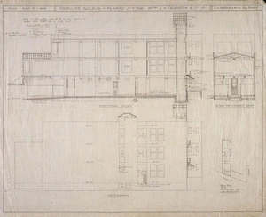 Martin, Cyril Alphonsus, fl 1920s-1930s :Proposed building, Manners Street, for Messrs G H Thornton & Co Ltd. 6 July 1928. Longitudinal section. Side elevation. Section thro temporary front. Block plan.