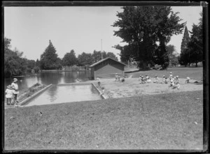 Children by the swimming area, Queens Park, Masterton