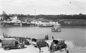 R Costello : 22nd Battalion trucks being ferried across the Piave River, Italy