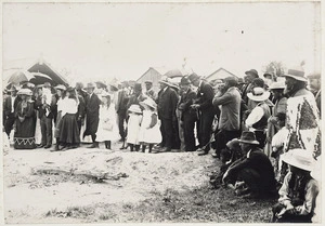 Lord Ranfurly and spectators watching a haka at Ruatoki