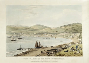 Heaphy, Charles, 1820-1881 :View of a part of the town of Wellington, New Zealand, looking towards the south east, comprising about one third of the water frontage. On stone by T. Allom from a drawing made in September 1841 by C. Heaphy... London, Trelawney Saunders, 370 x 540 mm