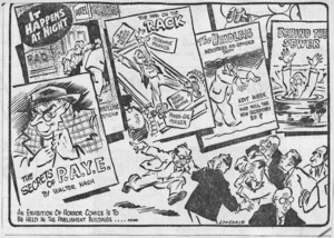 Lonsdale, Neil, 1907-1989:'It happens at night'. 'An exhibition of horror comics is to be held in the parliament buildings...News'. Auckland Star, 20 July, 1957
