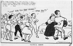 Minhinnick, Gordon (Sir), 1902-1992 :'Miss Mabel Howard drives off with Rock-'n'-roll singer Johnny Devlin after Christchurch concert, putting her arm round him to protect him from his fans - News'. "Ooh! Vote for THAT woman? - after THIS??" 'Tactical error'. N.Z. Herald, 14 January, 1959