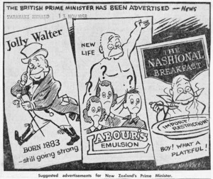 Nankivell, Douglas George, 1919-1976:'The British Prime Minister has been advertised - News'. 'Suggested advertisements for New Zealand's Prime Minister'. Taranaki Herald, 13 November, 1958