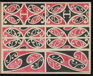 Godber, Albert Percy, 1876-1949 :[Drawings of Maori rafter patterns]. 16. 22W. MA22; 17. 21W. MA21; and, 18. 25W. MA25. Puhoro. [1939-1947].