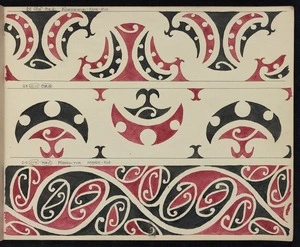 Godber, Albert Percy, 1876-1949 :[Drawings of Maori rafter patterns]. 22. 4W. MA4. "Kowhaiwhai-Kape-Rua"; 23. 12W. MA12; and, 24. 17W. MA17. "Mango-Tipi. Mango-Roa". [1939-1947].