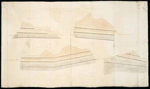J Henderson & J Armstrong :View of four different sections taken in the coalfield at Newcastle, New South Wales [ms map - cross-section]; shewing the different strata which occur there & all spots which have been bored with the Engine Pit etc of the Australian Agricultural Company. 1830