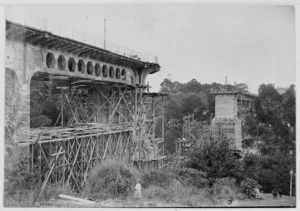 Grafton Bridge under construction over Cemetery Gully, Auckland.