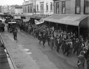 Unemployed men walking through Wellington to attend a demonstration at Parliament