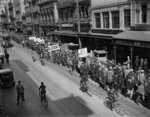 Procession of unemployed workers marching along Willis Street, Wellington