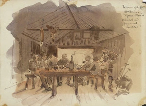 Hodgkins, William Mathew 1833-1898 :Interior of the Hut. Mrs Birley's "Goose Stew" is discussed and pronounced Excellent! [1881 or ca 1890].