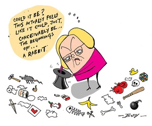 Judith Collins trying to pull a rabbit from a hat