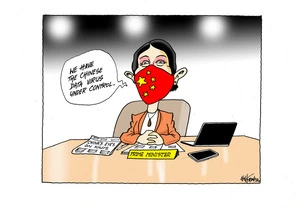 Jacinda Ardern wearing a red face mask wiuth yellow stars on it "We have the Chinese data virus under control"