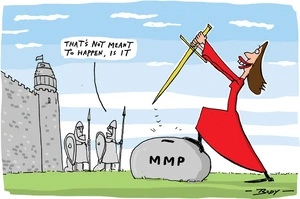 Prime Minister Jacinda Ardern pulls a sword from a rock labelled "MMP", a knight in the background says "That's not meant to happen, is it."