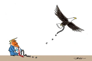 Donald Trump looks to the sky as a bald eagle breaks free from the chain he is holding and flies away.