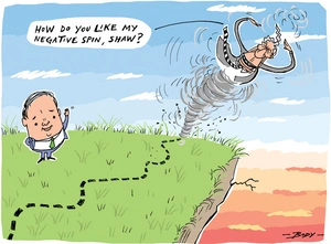 Green Party co-leader James Shaw waves to New Zealand First leader Winston Peters who is spinning towards the edge of a cliff saying, "How do you like my negative spin, Shaw?"