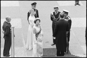 Queen Elizabeth II, Prince Charles, and Phillip the Duke of Edinburgh about to enter the New Zealand Parliament