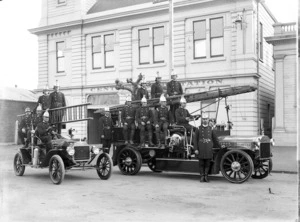 Merryweather fire engine, Model T Ford, and firemen outside the Central Fire Station, Wanganui