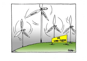 NZ Wind Farm with turbine propellers labelled "Election Campaign"
