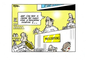 Pharmacist handing out persciptions whilst a man reads a newspaper with the headline "All Blacks v Australia Eden Park"