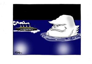 Ship labelled "US Democracy" heading towards a Trump shaped iceberg