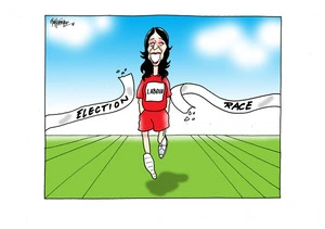Jacinda Ardern crossing the election race finish line