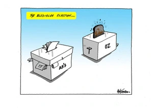 The Bledisloe elections envisaged with an election box for the All Blacks and a toaster with burnt toaster for Australia