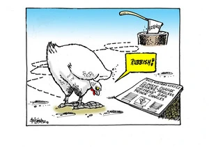 Chicken reading a newspaper with the headline "Climate changes deniers "Headless Chickens" says Prince Charles"", with an axe labelled "Science" in the background