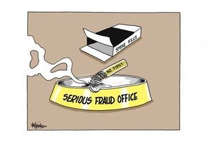 Lit cigarette labelled "NZ First" in an ashtray labelled "Serious Fraud Office"