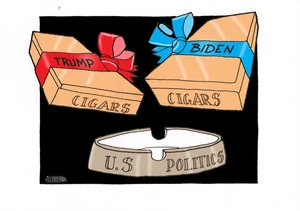Cigar boxes labelled "Donald Trump" and "Joe Biden" poised above an ashtray label "US Politics"
