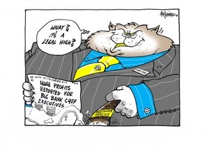 "Huge profits reported for big bank chief executives" Banker depicted as fat cat