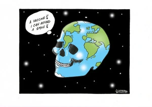 The earth in the shape of a smiling human skull saying "A vaccine? I can afford a smile"