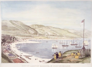 Heaphy, Charles 1820-1881 :Part of Lambton Harbour, in Port Nicholson, New Zealand; comprehending about one third of the water frontage of the town of Wellington, April, 1841. Drawn ... by Chas Heaphy ... T. Allom lith. London, Published for the New Zealand Co[mpany] by Smith Elder & Co. printed by C. Hullmandel [1842]