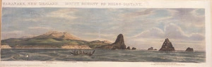 Duppa, George, 1817-1888 :Part of the New Plymouth settlement in the district of Taranake. New Zealand. 1841, Smith Elder & Co, London. Mount Egmont distant from shore about 30 miles. Barrett's houses and hotel. Native Pah. The islands on which Barrett defeated 5000 natives.