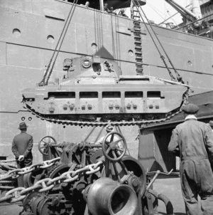 Unloading one of the first English tanks to reach New Zealand